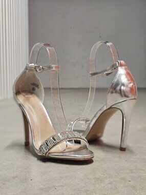 Crystal Embellished Silver High Heel Sandals With Ankle Strap Closure For Women